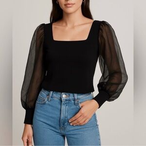 House of Harlow 1960 Sheer Long Sleeve Puff Sleeve Crop Top, size xs